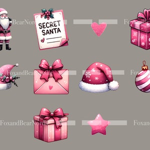 Peut inclure: Ensemble d'illustrations roses sur le th&egrave;me de No&euml;l. Comprend une figurine du P&egrave;re No&euml;l, une note "Secret Santa", un c&oelig;ur, un coffret cadeau avec des flocons de neige, un bonnet de P&egrave;re No&euml;l, une enveloppe avec un n&oelig;ud, une boule de No&euml;l, une bo&icirc;te cadeau avec un n&oelig;ud et une &eacute;toile.