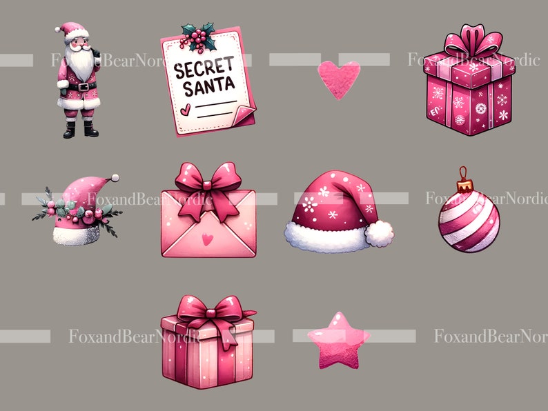 Peut inclure: Ensemble d'illustrations roses sur le th&egrave;me de No&euml;l. Comprend une figurine du P&egrave;re No&euml;l, une note "Secret Santa", un c&oelig;ur, un coffret cadeau avec des flocons de neige, un bonnet de P&egrave;re No&euml;l, une enveloppe avec un n&oelig;ud, une boule de No&euml;l, une bo&icirc;te cadeau avec un n&oelig;ud et une &eacute;toile.