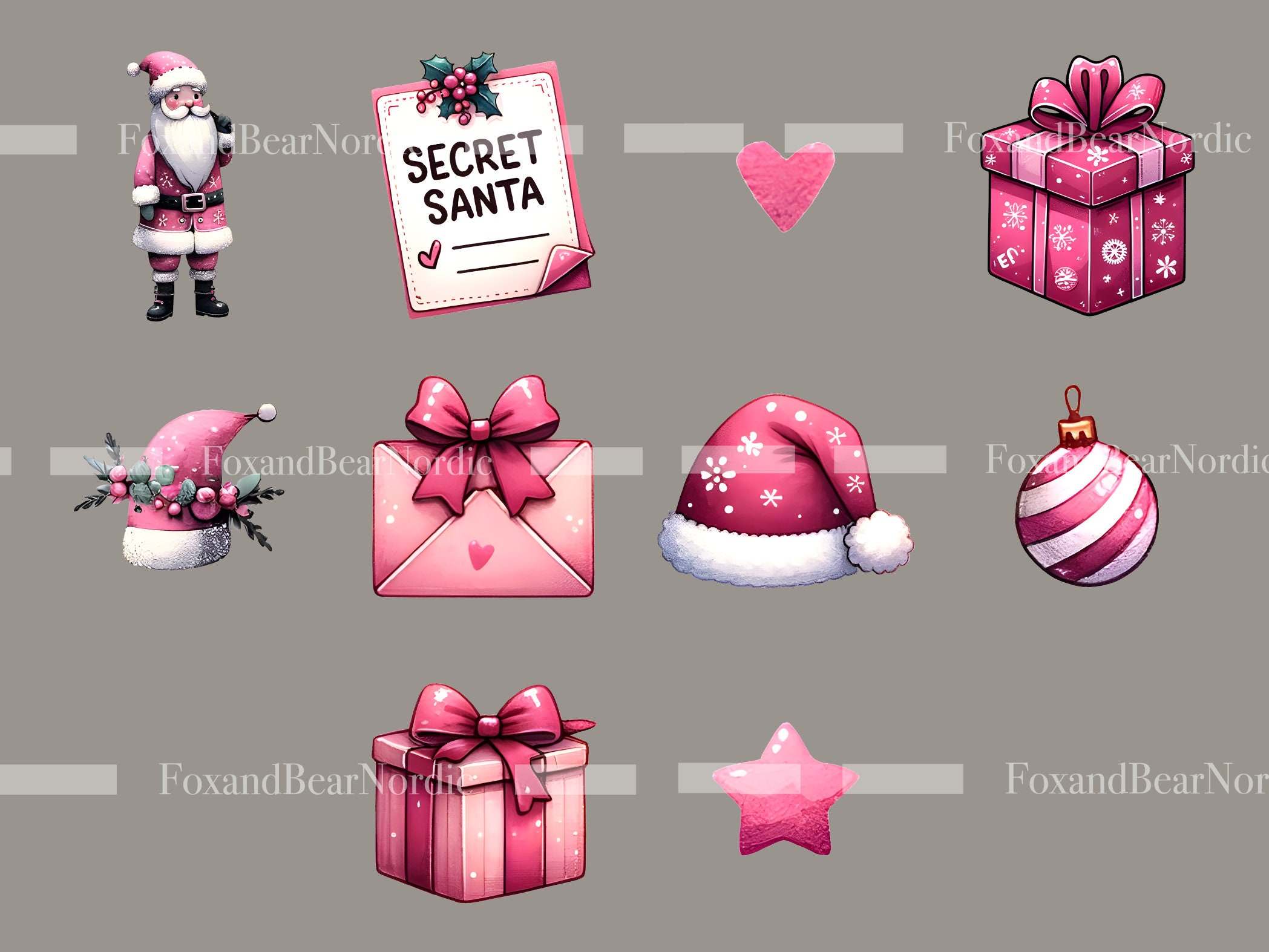Pink Christmas PNG Christmas Clipart Pink Santa PNG Watercolor Clipart PNG Commercial Use Watercolor Clip Art Digital Stickers Download image 6