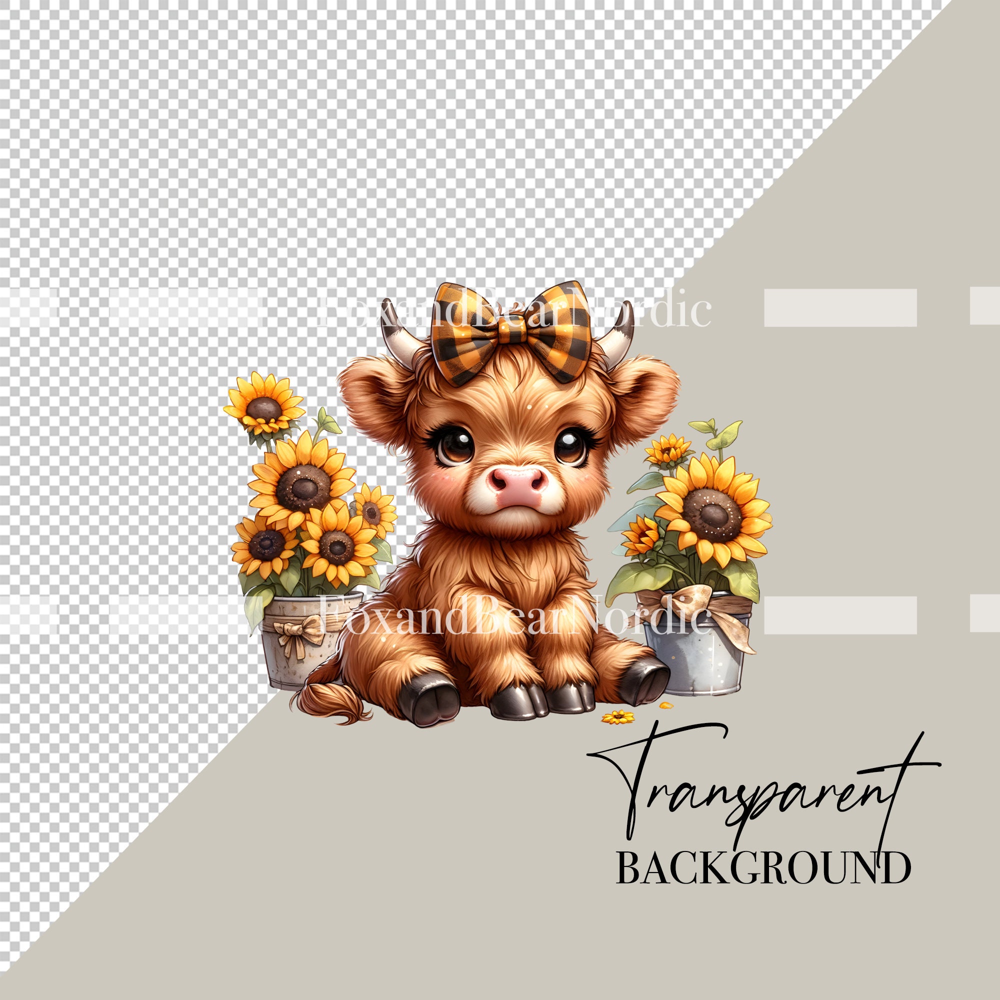 Watercolor Sunflower Highland Cow PNG Sunflower Clipart Baby Animal Clipart Butterfly PNG Watercolor Cow Clip Art Commercial Use Digital image 3