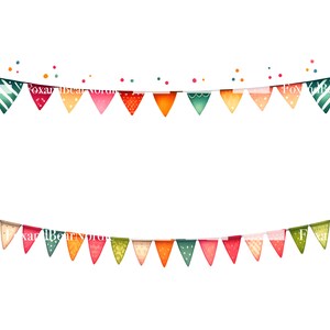 May include: A string of colourful triangular flags with various patterns, including polka dots, stripes, and floral designs. The flags are strung together with a white string and are hanging against a white background.