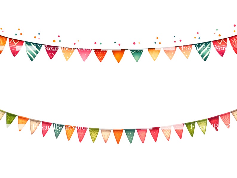 May include: A string of colourful triangular flags with various patterns, including polka dots, stripes, and floral designs. The flags are strung together with a white string and are hanging against a white background.