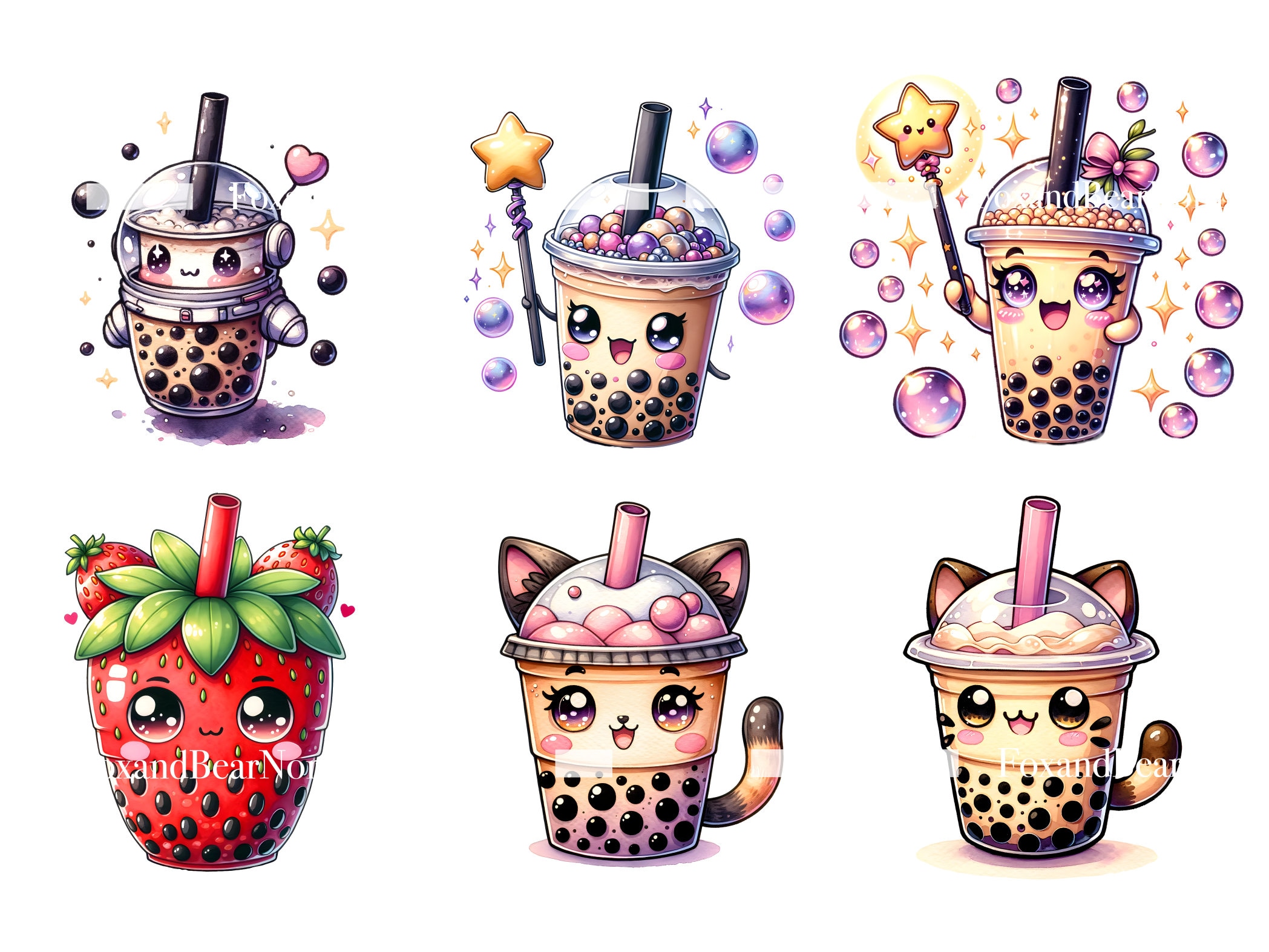 Boba Clipart Kawaii Clipart PNG Bundle Bubble Tea Clipart Cute Animal Watercolor Clipart Watercolor Clip Art Digital Stickers Commercial Use image 5