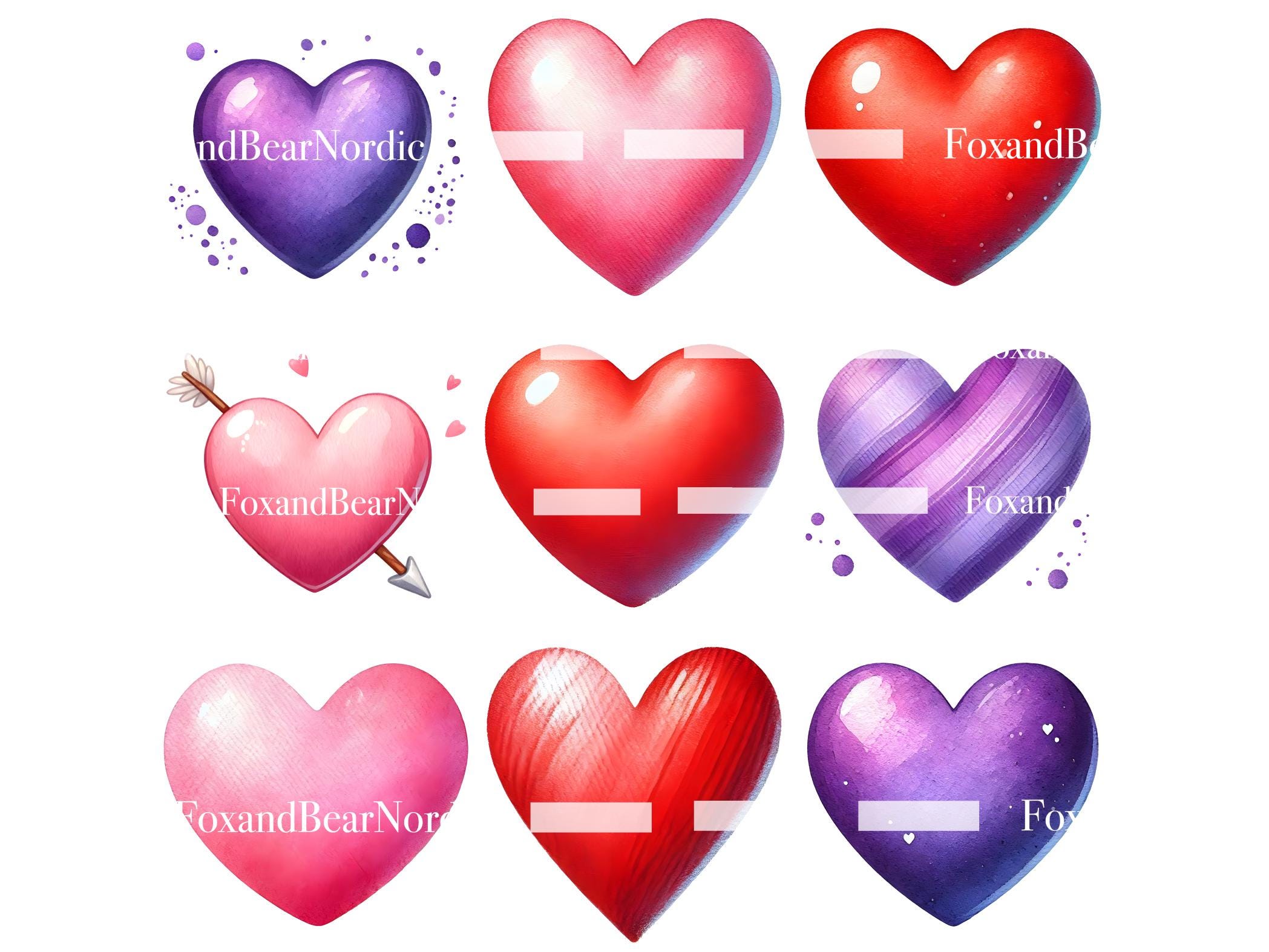 XOXO Valentines Day Clipart: Watercolor Hearts, Lips (PNG Digital Stickers) image 5