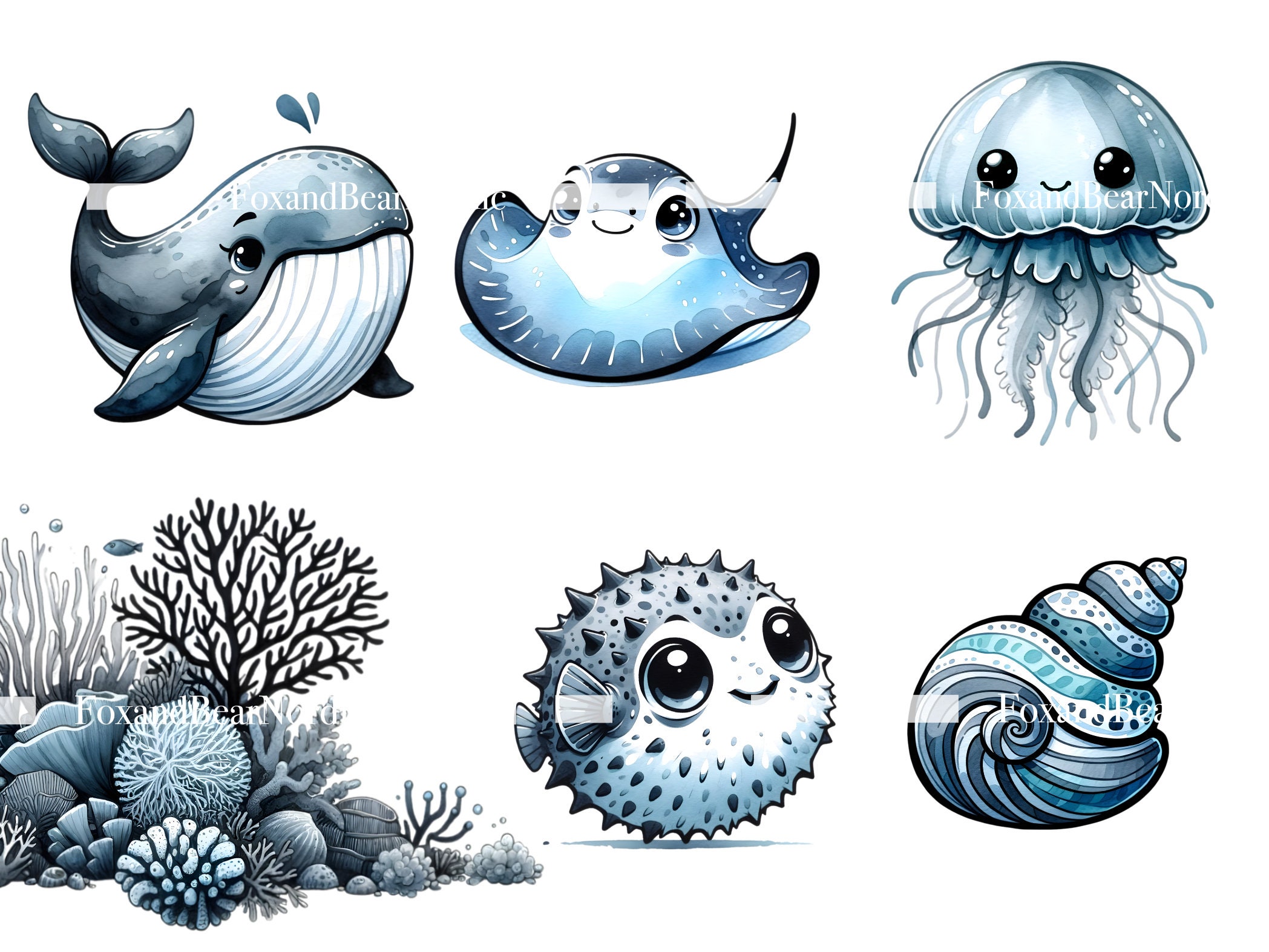 Watercolor Sea Animal Clipart for Kids Sea Turtle PNG Under The Sea Watercolor Clipart Jellyfish Octopus Watercolor Clip Art Commercial Use image 5