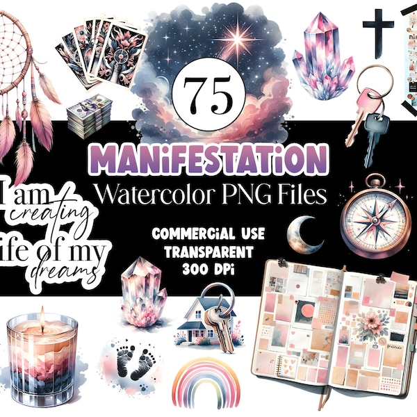 Manifestation Journal Digital Stickers Money Manifestation Planner Clipart Bundle PNG Watercolor Clipart Watercolor Clip Art Commercial Use