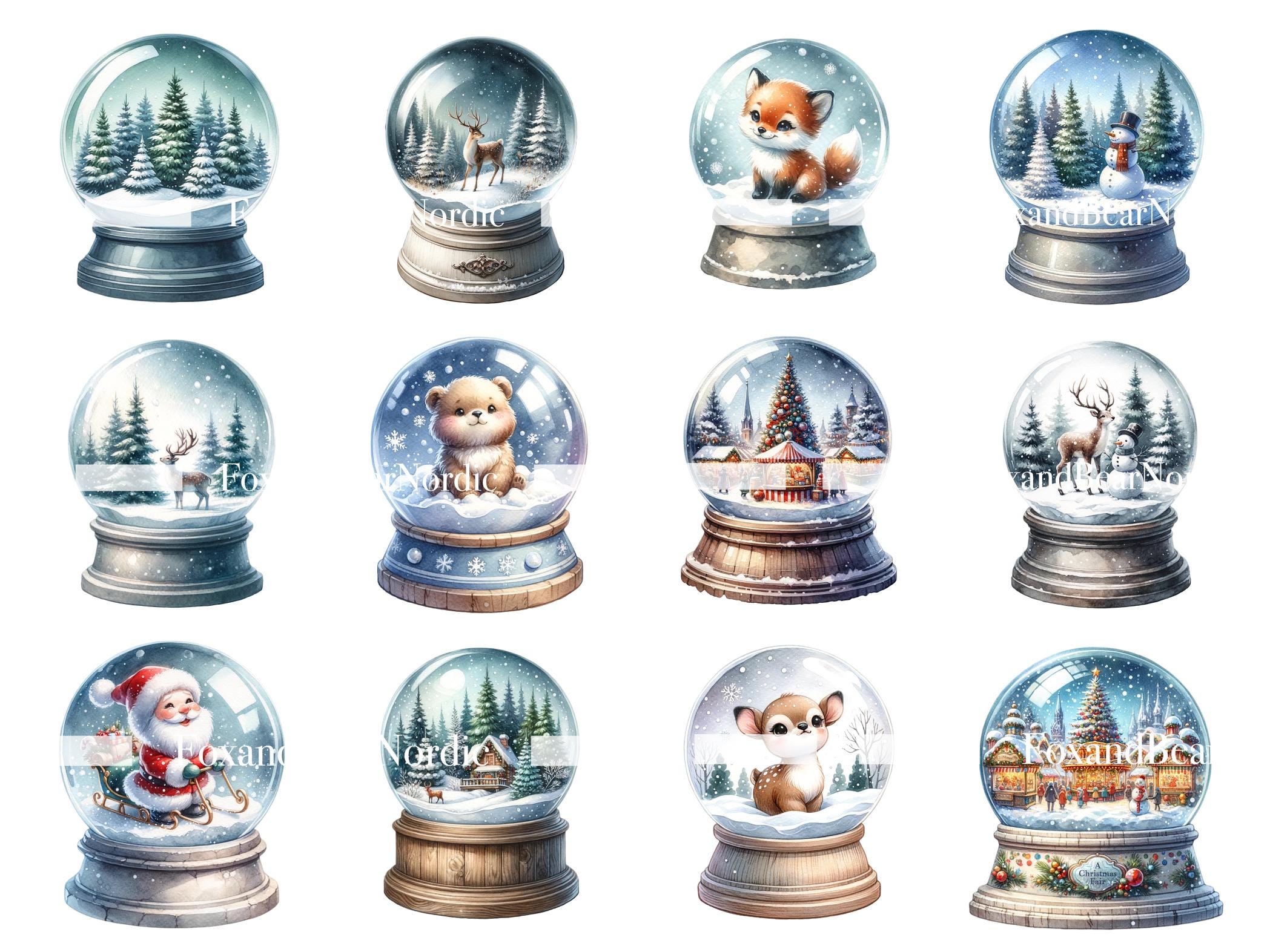 Christmas Snowglobe Clipart Watercolor Christmas Clipart PNG Reindeer Santa Snowman PNG Snow Globes Clipart Holiday Clipart Commercial Use image 5