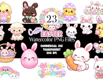 Kawaii Easter Clipart PNG Bundle | Cute Bunnies, Eggs, Chicks & Candy | Pastel Spring Cartoon Clipart, 300 DPI
