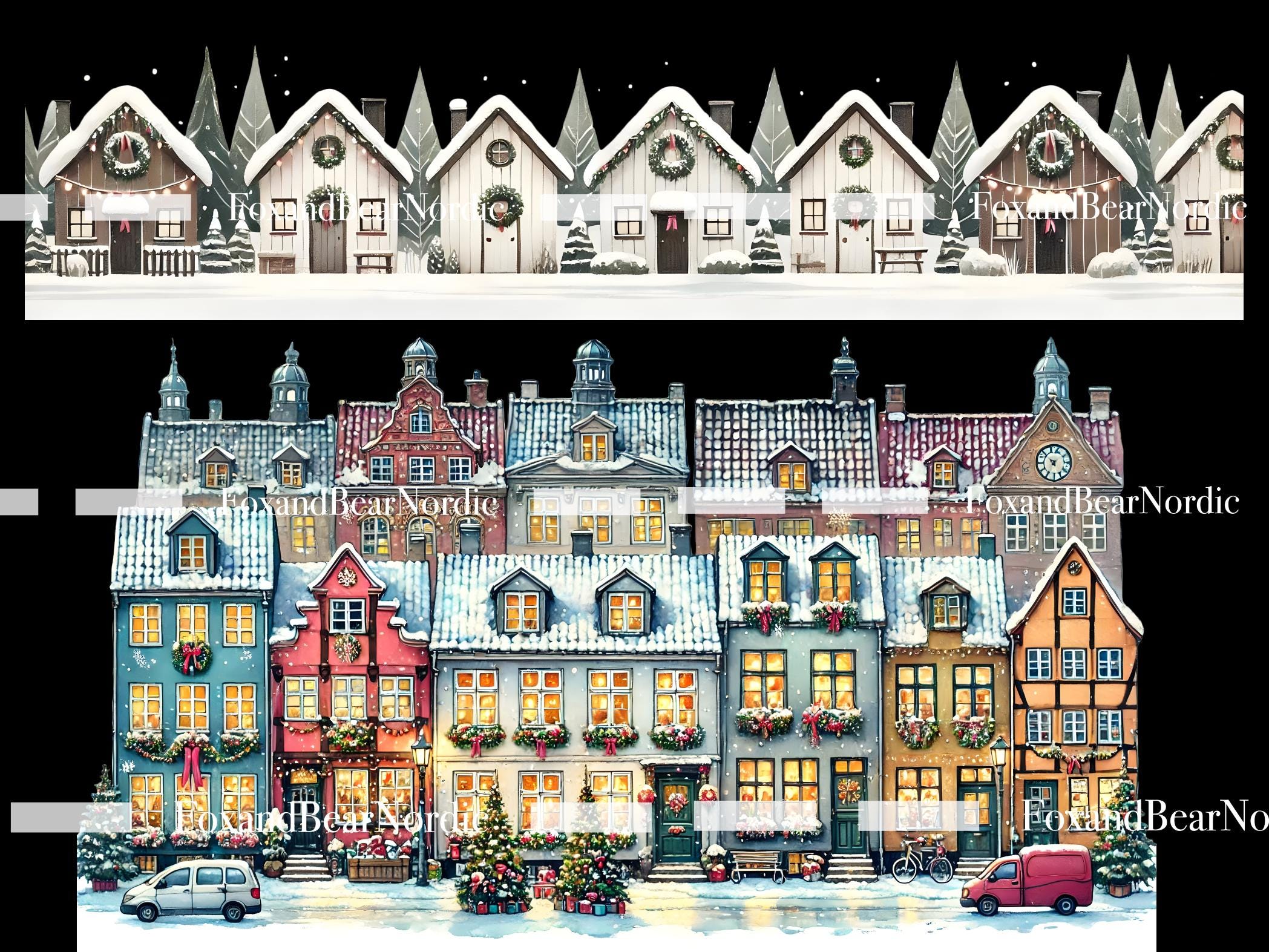 Christmas Village Christmas Border Frame Wreath Christmas Clipart Winter Houses PNG Dutch Canal House Christmas Scene PNG Commercial Use image 8