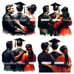 May include: A digital illustration of four families celebrating a graduation. Each family consists of a parent, a child in a graduation cap and gown, and a partner. The families are all standing together, smiling and hugging. The background is a white, blurred background.