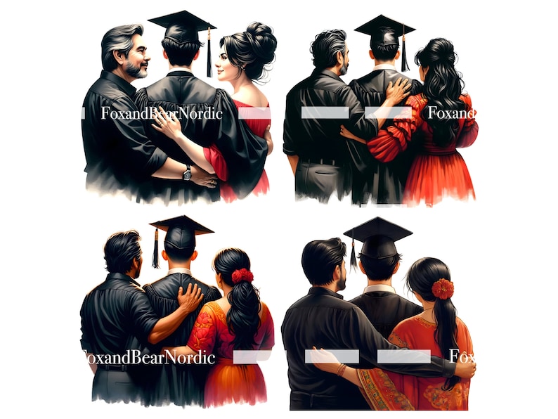 May include: A digital illustration of four families celebrating a graduation. Each family consists of a parent, a child in a graduation cap and gown, and a partner. The families are all standing together, smiling and hugging. The background is a white, blurred background.