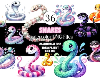 May include: A set of 36 watercolour snake illustrations. The snakes are in various colours and poses, including pink, blue, green, black, and white. The illustrations are perfect for adding a touch of whimsy to any project.