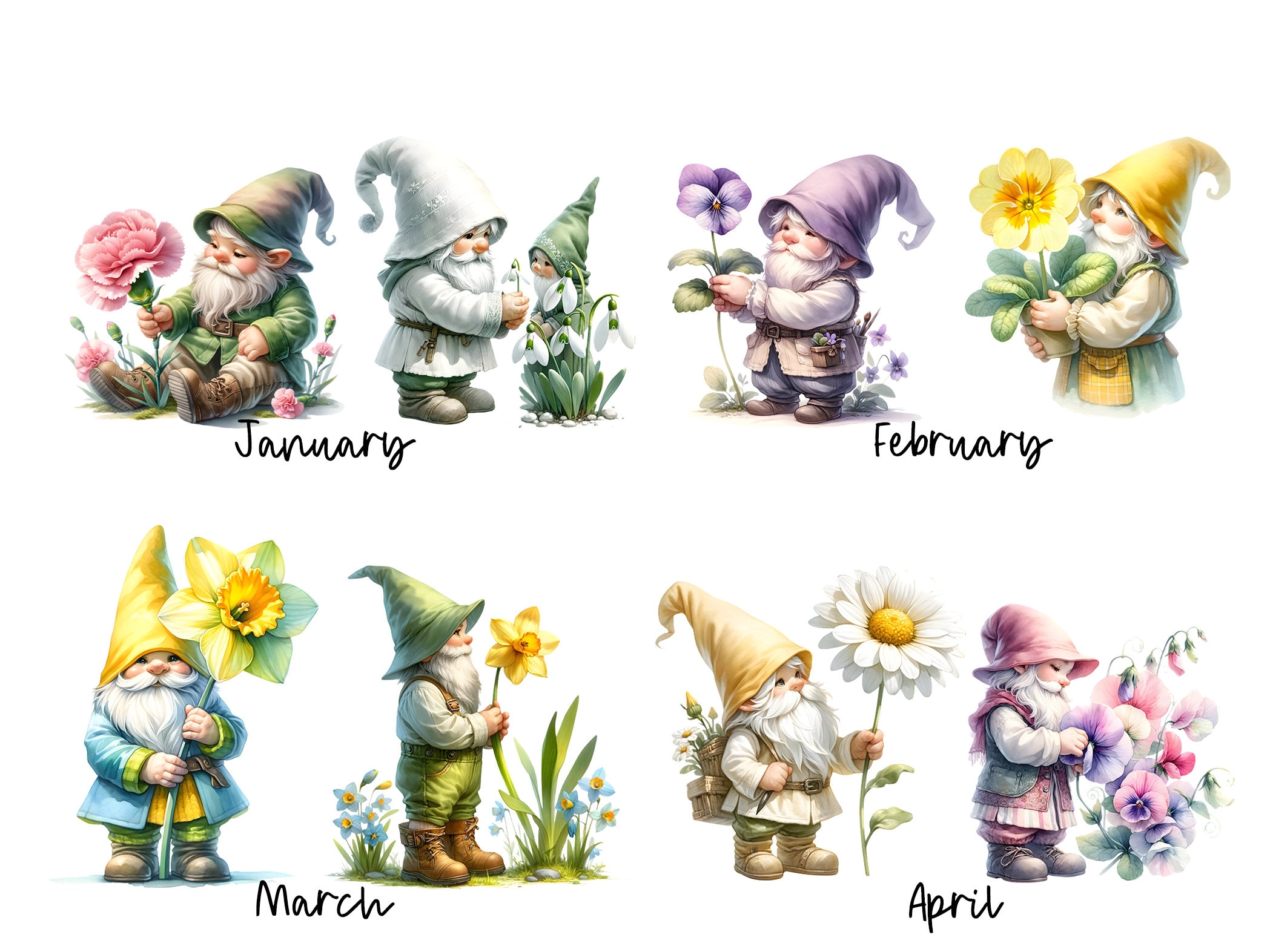 Watercolor Birth Month Flower Gnomes Clipart Birth Flower Clipart PNG Gnome Clip Art Watercolor Clipart Watercolor Clip Art Commercial Use image 4