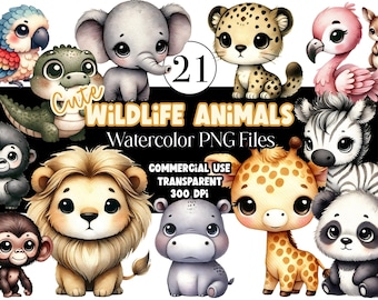 Safari Animal Clipart: Watercolor Jungle Animals PNG (Commercial Use)