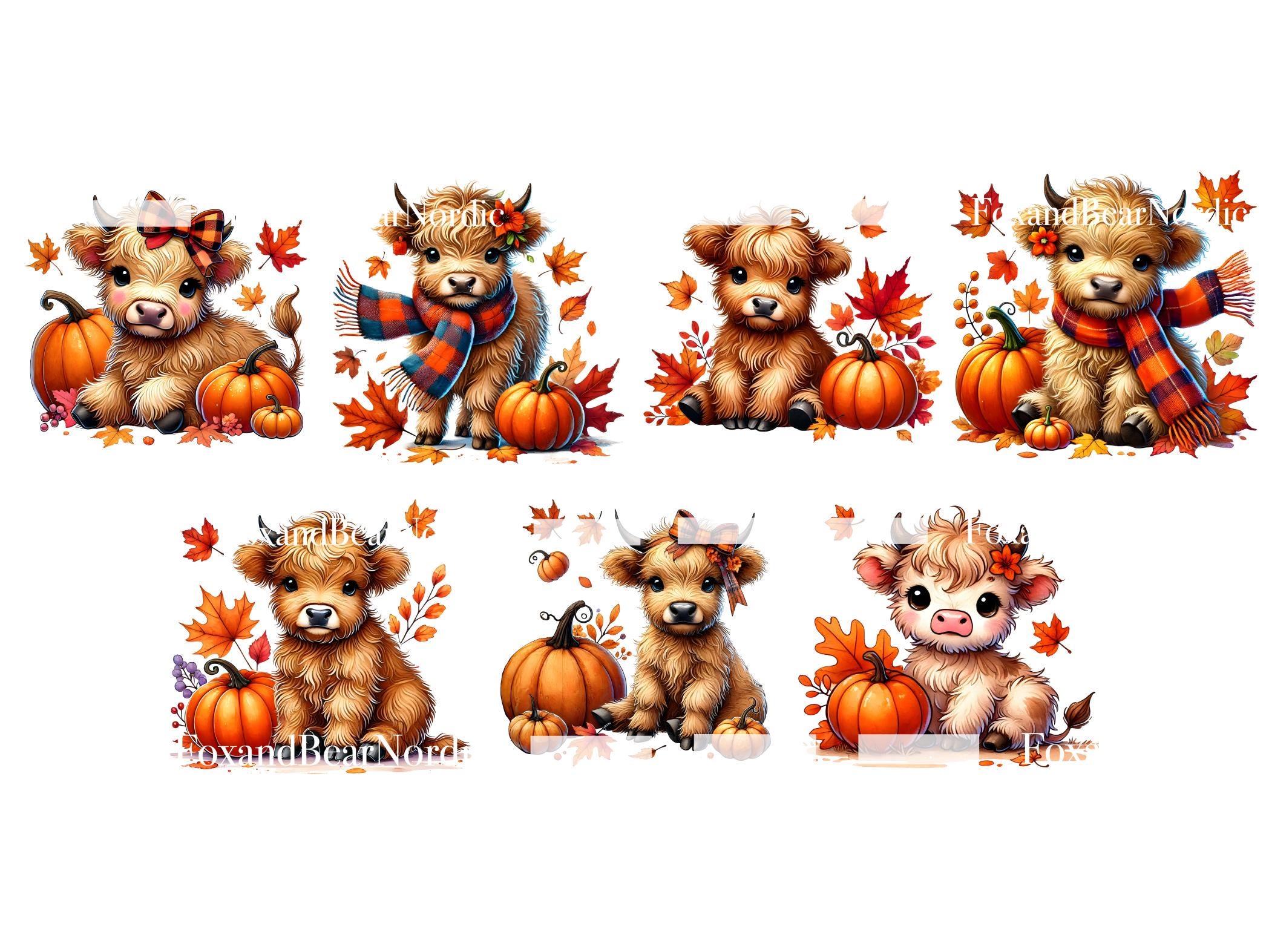 Watercolor Thanksgiving Highland Cow PNG Autumn Clipart Baby Animal Clipart Pumpkin PNG Watercolor Cow Clip Art Fall Clipart Commercial Use image 4