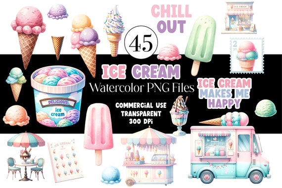 Watercolor Ice Cream Clipart Summer Clipart Truck Ice Cream Scoop Ice Cream Cone PNG Watercolor Clipart Watercolor Clip Art Commercial Use