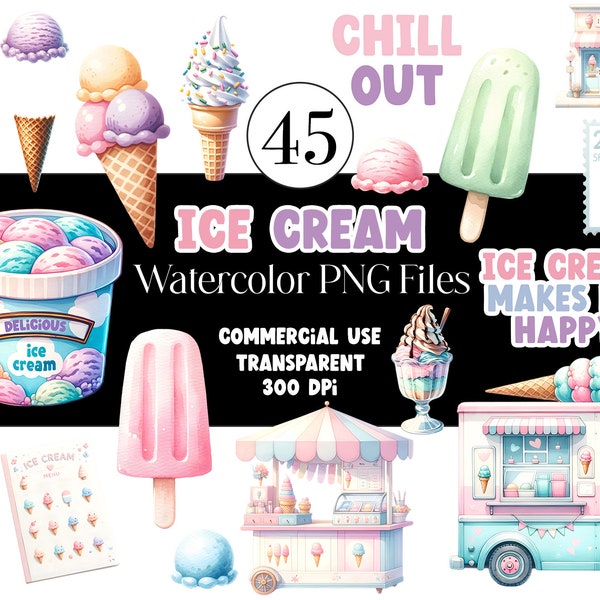 Watercolor Ice Cream Clipart Summer Clipart Truck Ice Cream Scoop Ice Cream Cone PNG Watercolor Clipart Watercolor Clip Art Commercial Use