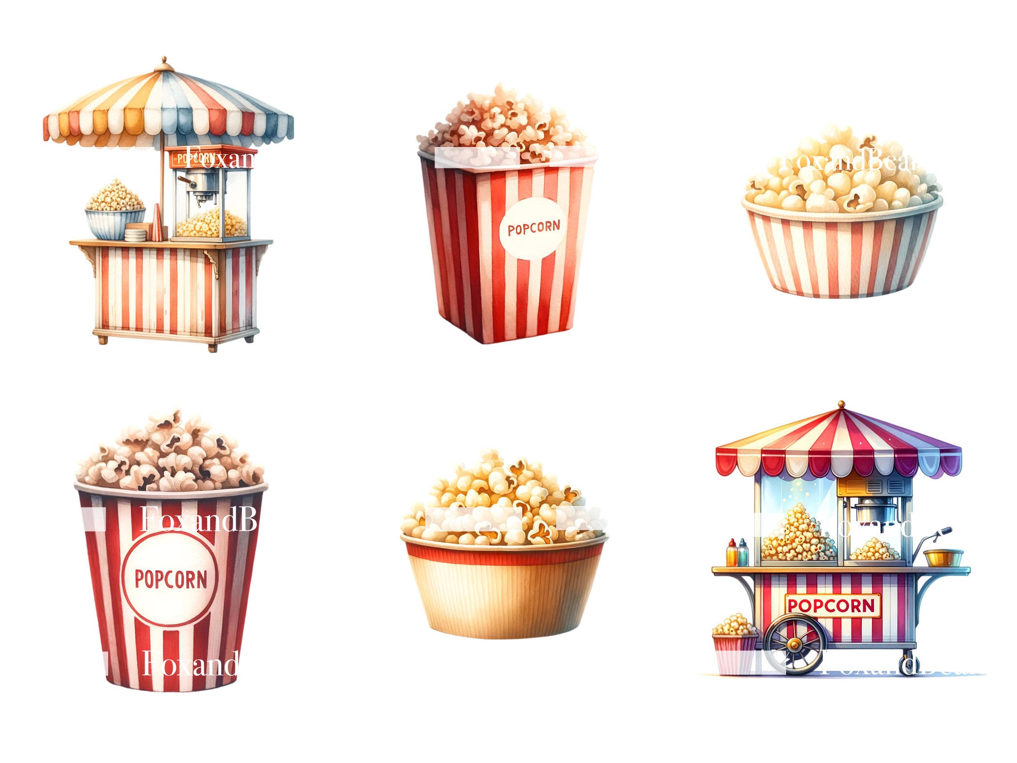 Watercolor Popcorn PNG Carnival Clipart Popcorn Bucket Popcorn Machine Movie Ticket Watercolor Clipart Watercolor Clip Art Commercial Use image 5