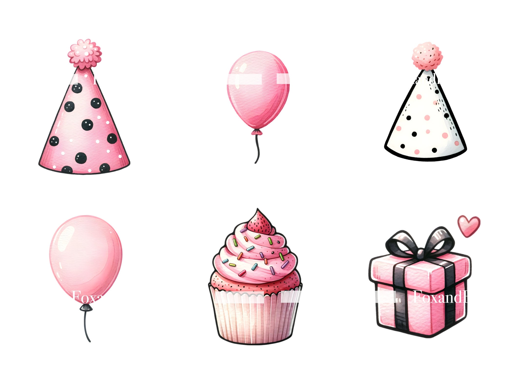Pink Birthday Party Cake Clipart Gifts Balloon Clipart PNG Bundle Watercolor Clipart Commercial Use Watercolor Clip Art Digital Stickers image 10