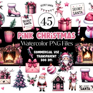 Peut inclure: Ensemble de fichiers PNG aquarelle sur le th&egrave;me de No&euml;l rose. L'image comprend divers &eacute;l&eacute;ments festifs tels que le P&egrave;re No&euml;l, des bo&icirc;tes cadeaux, des arbres de No&euml;l, un bonhomme de neige et une chemin&eacute;e. Le texte indique "PINK CHRISTMAS Watercolor PNG Files" et "SECRET SANTA".