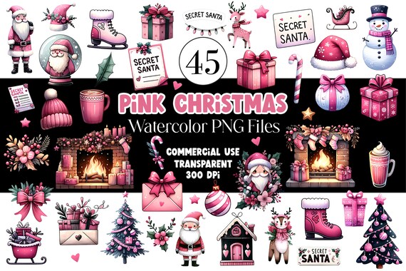 Pink Christmas PNG Christmas Clipart Pink Santa PNG Watercolor Clipart PNG Commercial Use Watercolor Clip Art Digital Stickers Download