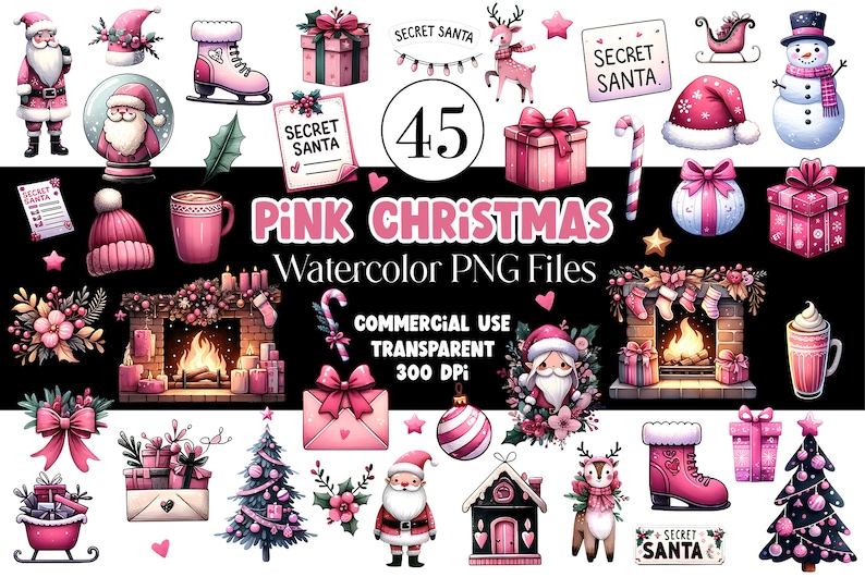 Peut inclure: Ensemble de fichiers PNG aquarelle sur le th&egrave;me de No&euml;l rose. L'image comprend divers &eacute;l&eacute;ments festifs tels que le P&egrave;re No&euml;l, des bo&icirc;tes cadeaux, des arbres de No&euml;l, un bonhomme de neige et une chemin&eacute;e. Le texte indique "PINK CHRISTMAS Watercolor PNG Files" et "SECRET SANTA".