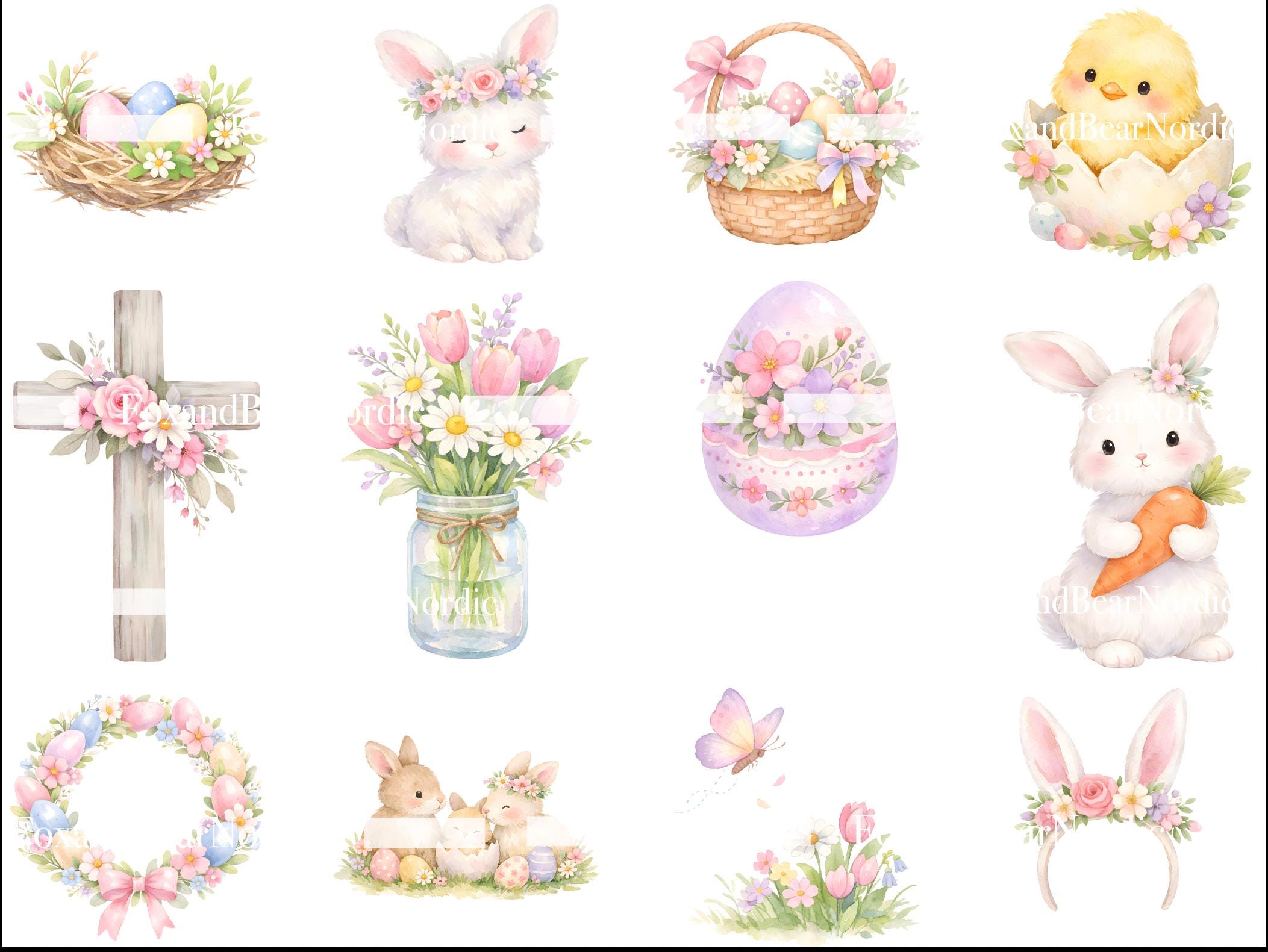 Watercolor Easter Clipart PNG Bundle | Bunny, Eggs, Chicks & Florals | Whimsical Pastel Spring Clip Art, 300 DPI image 4