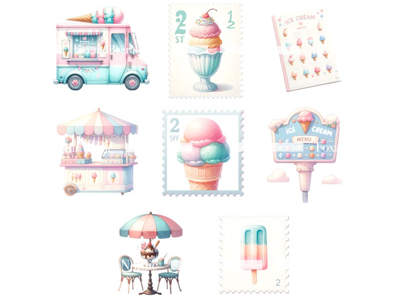 K&ouml;nnte beinhalten: Ein Set aus neun bunten Illustrationen mit Eisbechern, Eisbechern, Eis am Stiel und Eiswagen. Die Illustrationen sind im Cartoon-Stil gehalten und eignen sich perfekt f&uuml;r eine Vielzahl von kreativen Projekten.