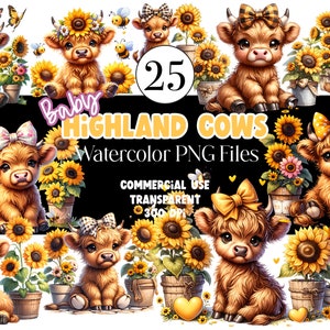 Aquarel zonnebloem Highland koe PNG zonnebloem clipart baby dier clipart vlinder PNG aquarel koe clip art commercieel gebruik digitaal