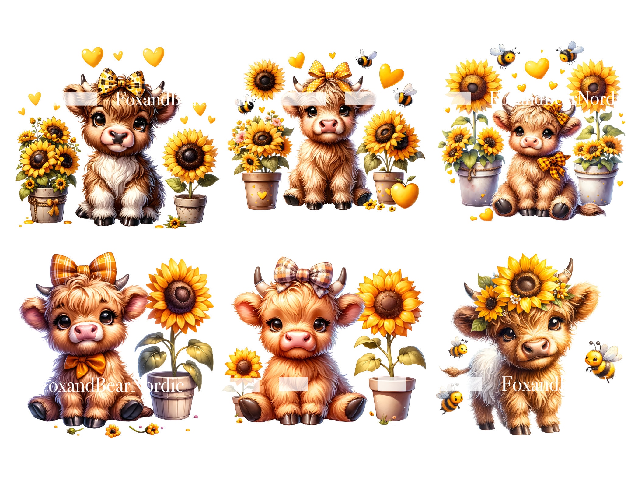 Watercolor Sunflower Highland Cow PNG Sunflower Clipart Baby Animal Clipart Butterfly PNG Watercolor Cow Clip Art Commercial Use Digital image 4