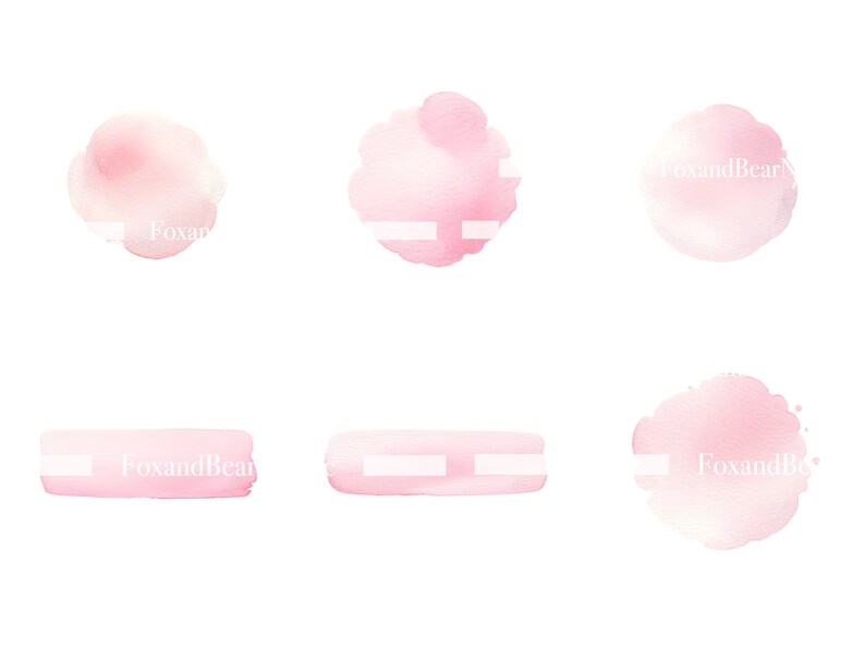 Puede incluir: Una colecci&oacute;n de seis elementos de dise&ntilde;o en acuarela en tonos rosa suave. Las formas incluyen manchas redondeadas y pinceladas horizontales, todas con una apariencia texturizada y art&iacute;stica. El texto "FoxandBear" es parcialmente visible.