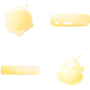 Puede incluir: Cuatro elementos de acuarela en tonos amarillos sobre un fondo blanco. Los elementos incluyen una forma circular, dos rectangulares y una mancha irregular. El texto "FoxandBearN" es visible en la imagen.
