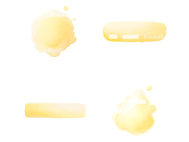 Puede incluir: Cuatro elementos de acuarela en tonos amarillos sobre un fondo blanco. Los elementos incluyen una forma circular, dos rectangulares y una mancha irregular. El texto "FoxandBearN" es visible en la imagen.