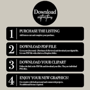 May include: A black and white graphic with four numbered steps for downloading a digital product. The steps are: 1. Purchase the listing, 2. Download PDF file, 3. Download your clipart, 4. Enjoy your new graphics!