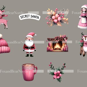 Peut inclure: Ensemble d'illustrations &agrave; l'aquarelle sur les th&egrave;mes de No&euml;l et de l'hiver. Comprend un renne rose, un P&egrave;re No&euml;l, une chemin&eacute;e, une tasse, un chapeau et des compositions florales. Le texte "SECRET SANTA" est &eacute;galement pr&eacute;sent.
