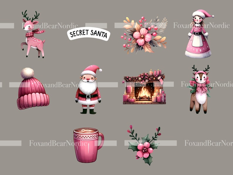 Peut inclure: Ensemble d'illustrations &agrave; l'aquarelle sur les th&egrave;mes de No&euml;l et de l'hiver. Comprend un renne rose, un P&egrave;re No&euml;l, une chemin&eacute;e, une tasse, un chapeau et des compositions florales. Le texte "SECRET SANTA" est &eacute;galement pr&eacute;sent.