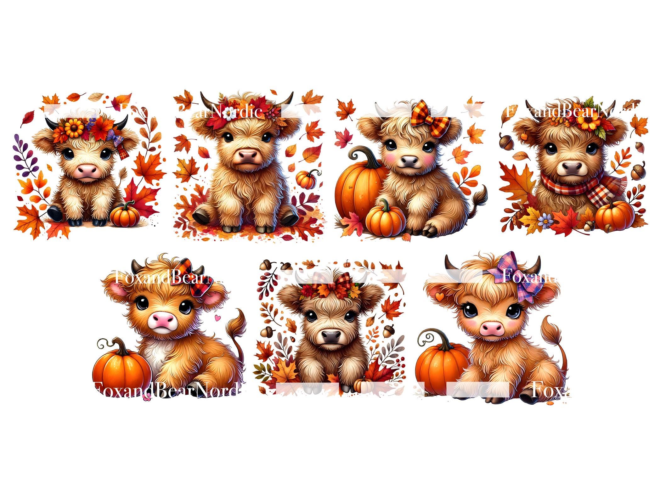 Watercolor Thanksgiving Highland Cow PNG Autumn Clipart Baby Animal Clipart Pumpkin PNG Watercolor Cow Clip Art Fall Clipart Commercial Use image 5