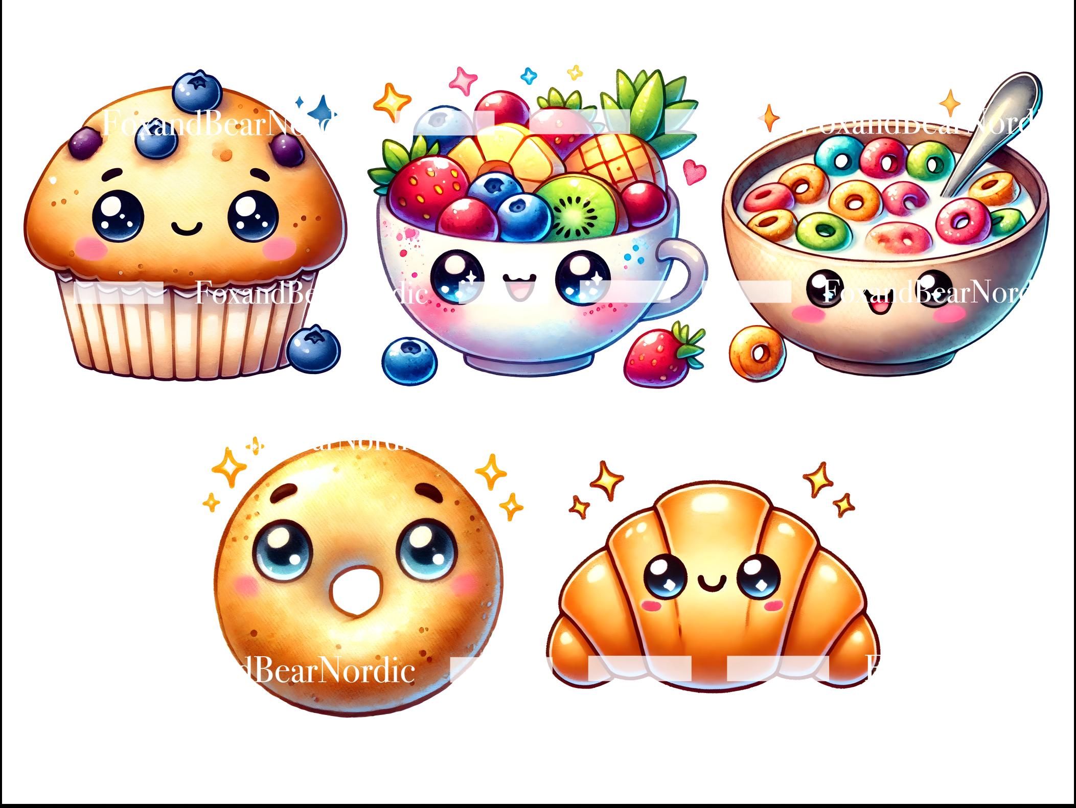 Kawaii Breakfast Clipart Food Clipart Cereal Brunch Egg Bacon Clipart Japanese Clipart Croissant Watercolor Clipart Clip Art Commercial Use image 6