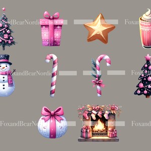 Peut inclure: Illustrations &agrave; l'aquarelle d'objets sur le th&egrave;me de No&euml;l. Comprend un sapin de No&euml;l d&eacute;cor&eacute;, un cadeau emball&eacute; avec un n&oelig;ud rose, une &eacute;toile dor&eacute;e, une tasse de chocolat chaud, un bonhomme de neige, des cannes en sucre, une chemin&eacute;e et une boule d&eacute;corative.