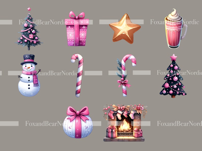 Peut inclure: Illustrations &agrave; l'aquarelle d'objets sur le th&egrave;me de No&euml;l. Comprend un sapin de No&euml;l d&eacute;cor&eacute;, un cadeau emball&eacute; avec un n&oelig;ud rose, une &eacute;toile dor&eacute;e, une tasse de chocolat chaud, un bonhomme de neige, des cannes en sucre, une chemin&eacute;e et une boule d&eacute;corative.