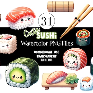 Aquarela Kawaii Sushi Clipart Comida Clipart Salmão Sushi Adesivos Clipart Japonês Clipart Aquarela Clip Art Uso Comercial
