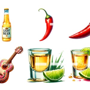 May include: A colourful guitar, two shot glasses filled with a golden liquid, a bottle of light beer, and two red chilli peppers. The shot glasses are garnished with lime wedges.