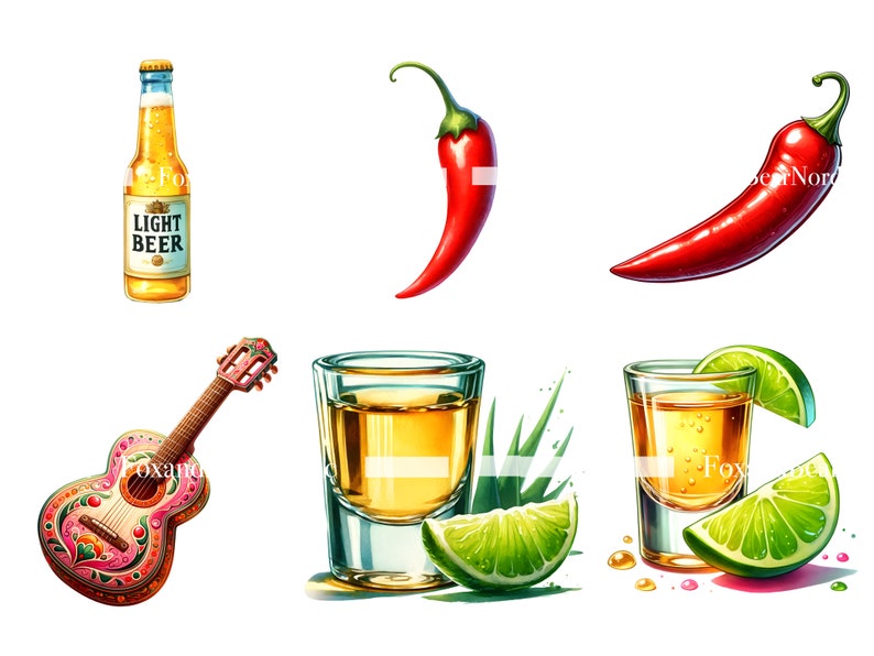 May include: A colourful guitar, two shot glasses filled with a golden liquid, a bottle of light beer, and two red chilli peppers. The shot glasses are garnished with lime wedges.