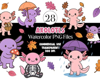 Watercolor Axolotl Clipart Animal Clipart PNG Kids Clipart Baby Axolotl Birthday PNG Fall Autumn Watercolor Clipart Clip Art Commercial Use