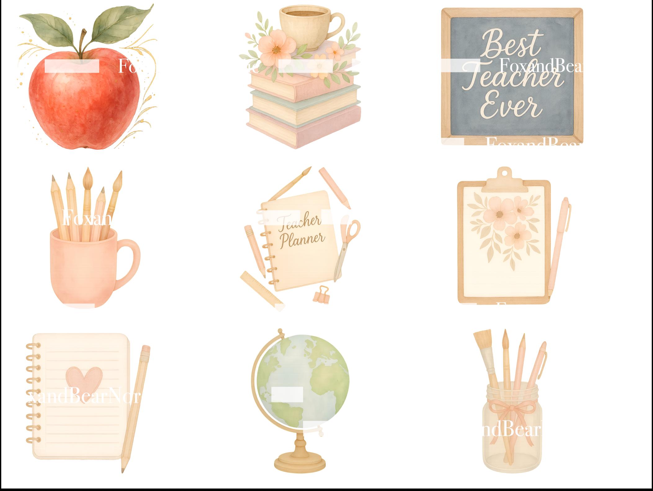 Watercolor Teacher Clipart Bundle | Teacher Appreciation PNG, Classroom Clipart, Teacher Gifts, School Clipart, Cute Watercolor PNG Set image 4