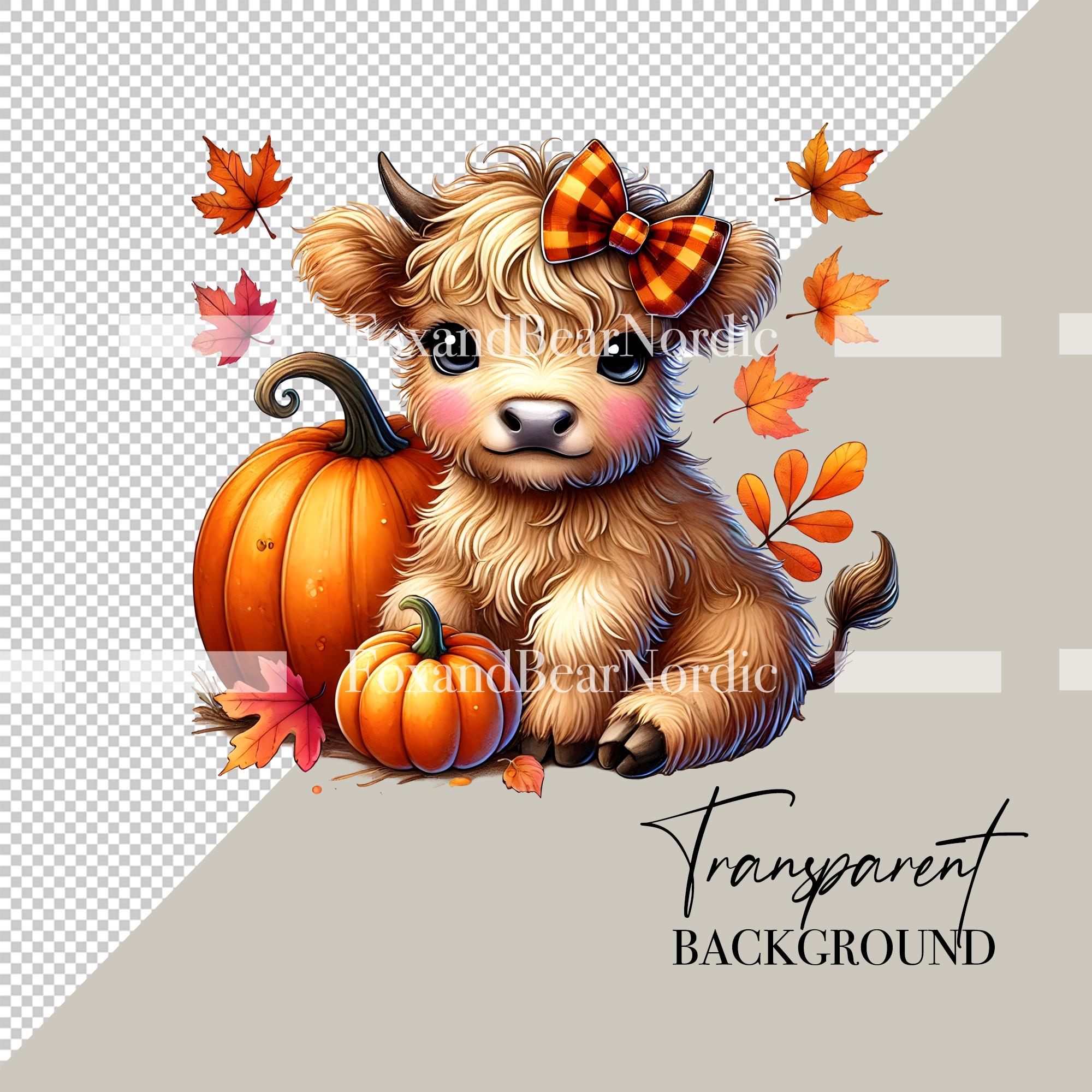 Watercolor Thanksgiving Highland Cow PNG Autumn Clipart Baby Animal Clipart Pumpkin PNG Watercolor Cow Clip Art Fall Clipart Commercial Use image 3