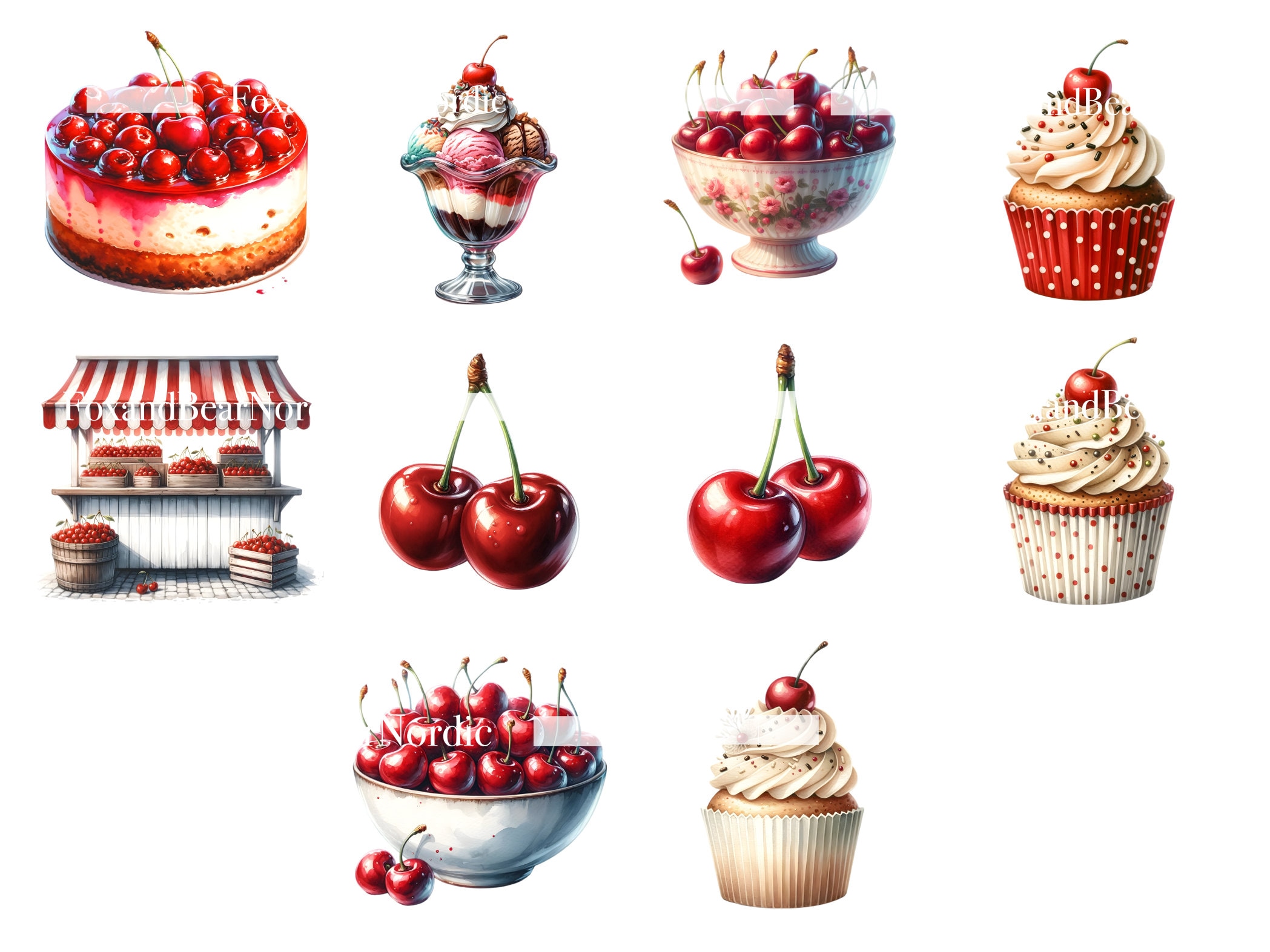 Watercolor Cherry Clipart Cherry Blossom Tree Cherry Pie Cherry PNG Watercolor Clipart Watercolor Clip Art Digital Stickers Commercial Use image 4