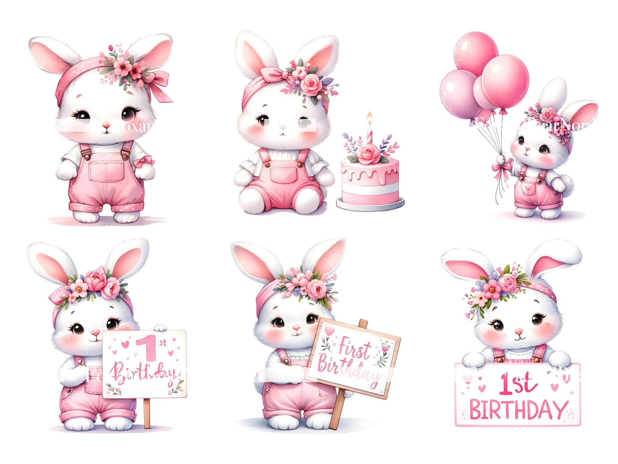 Baby Bunny Birthday Party Clipart Baby Girl Clipart 1st Birthday Girl PNG Bunny Watercolor Clipart Clip Art Commercial Use Digital Download image 4