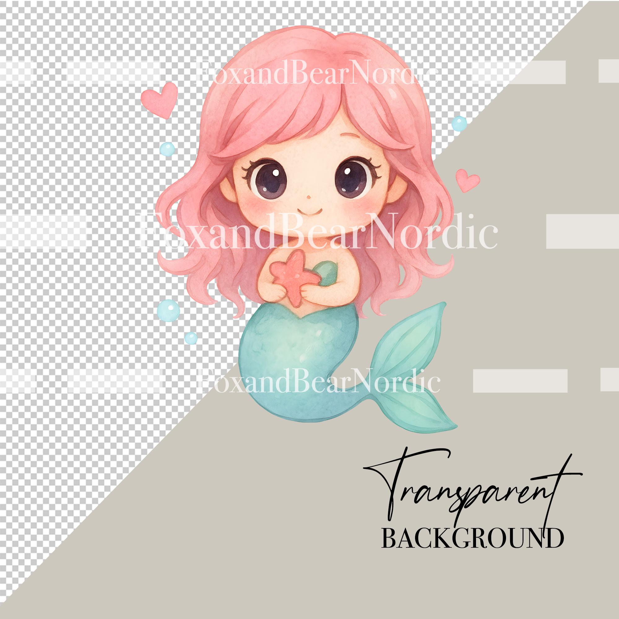 Cute Watercolor Mermaid Clipart Bundle | 34 PNG Under the Sea | Pastel Mermaids, Tails & Seashells for Nursery and Mermaid Birthday Party image 3