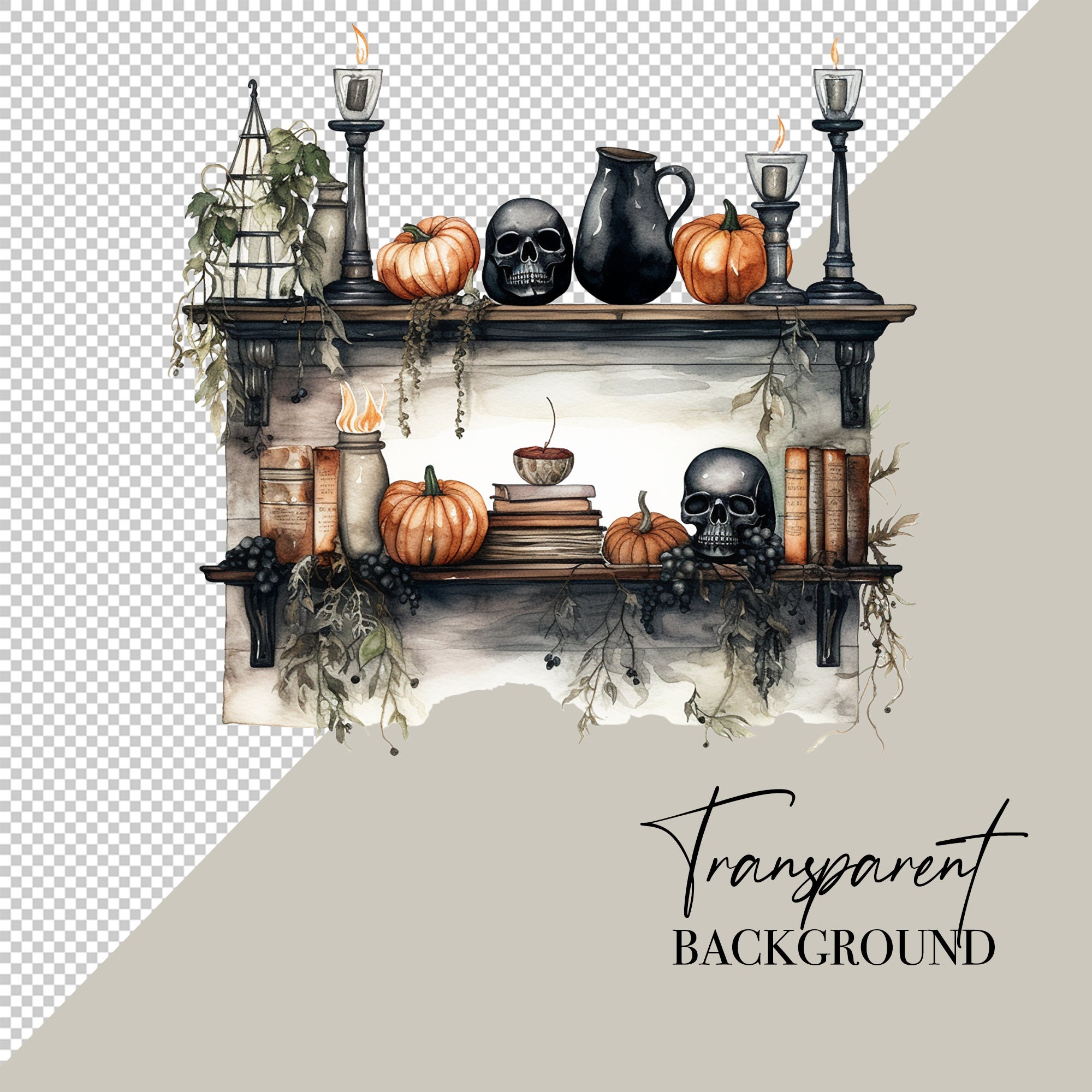 Watercolor Clip Art Bundle Halloween PNG Spooky Season PNG Pumpkin PNG Skeleton Hocus Pocus Witch Clipart Witch Hat Black Cat Commercial Use image 3